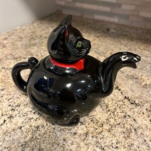 Vintage 50s Shafford Black Cat Green Eyes Teapot Redware Halloween 6"H